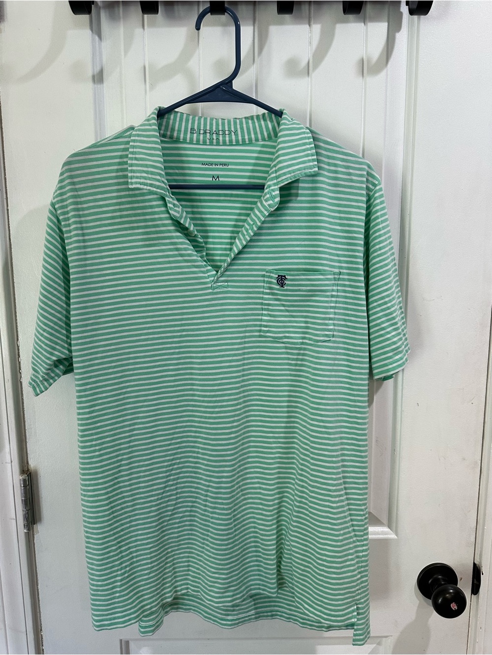 B. Draddy Polo Shirt Mens Medium Green White Striped Golf Pocket